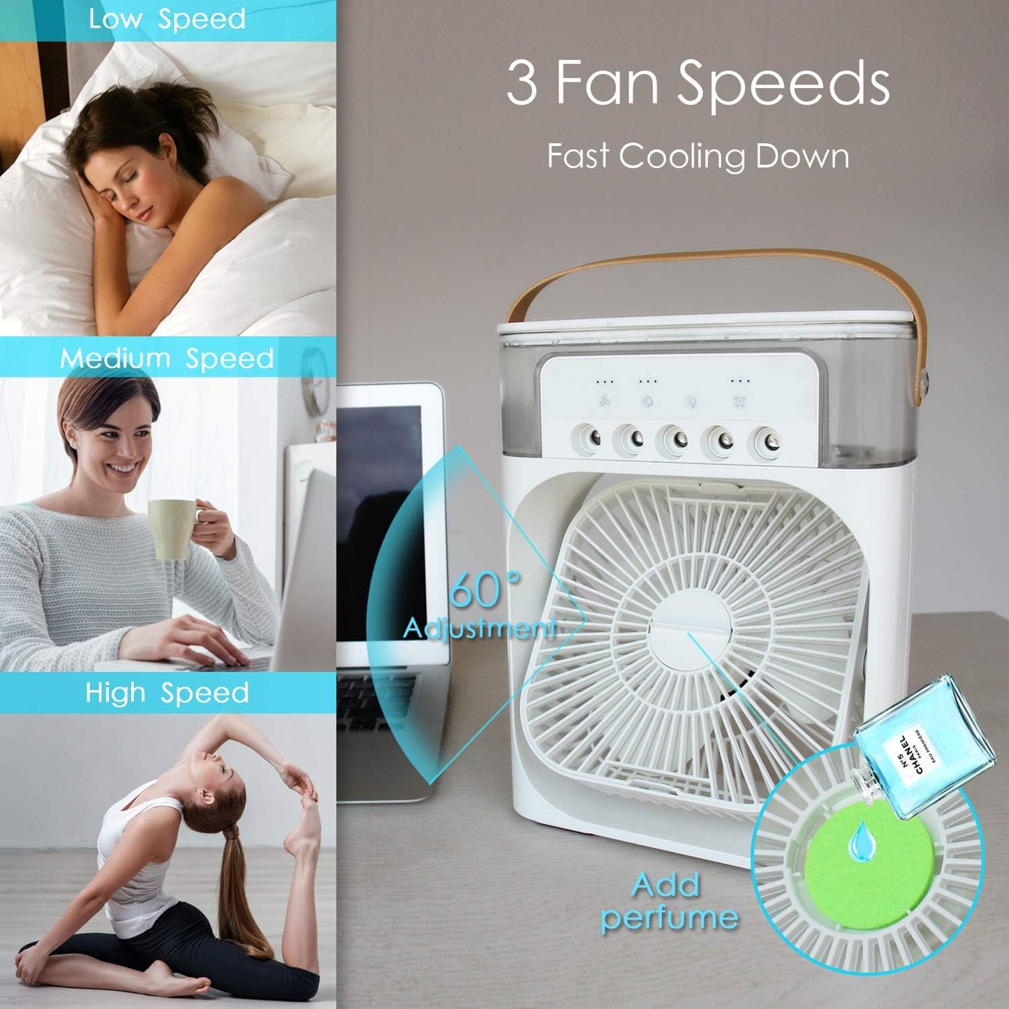 Portable Air Conditioner Fan, Mini Evaporative Air Cooler with 7 Colors LED Light, 1/2/3 H Timer, 3 Wind Speeds and 3 Spray Modes