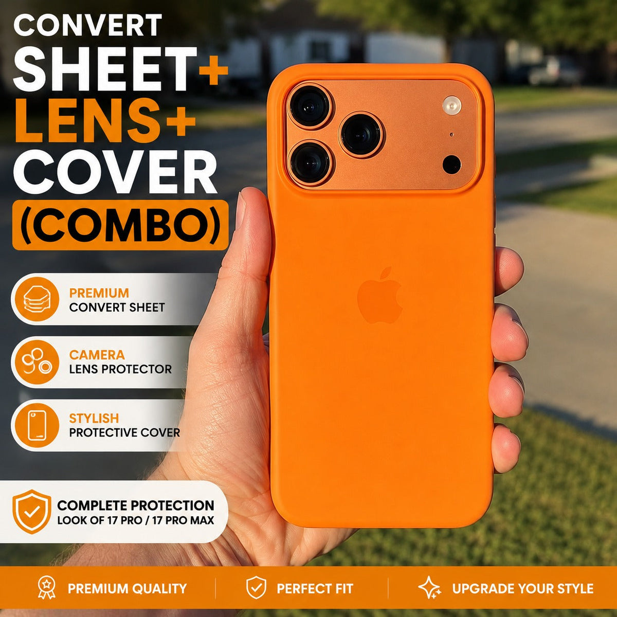 Premium iPhone 17 Pro / 17 Pro Max Style Convert Sheet + Camera Lens Protector + Protective Cover – 3-in-1 Combo