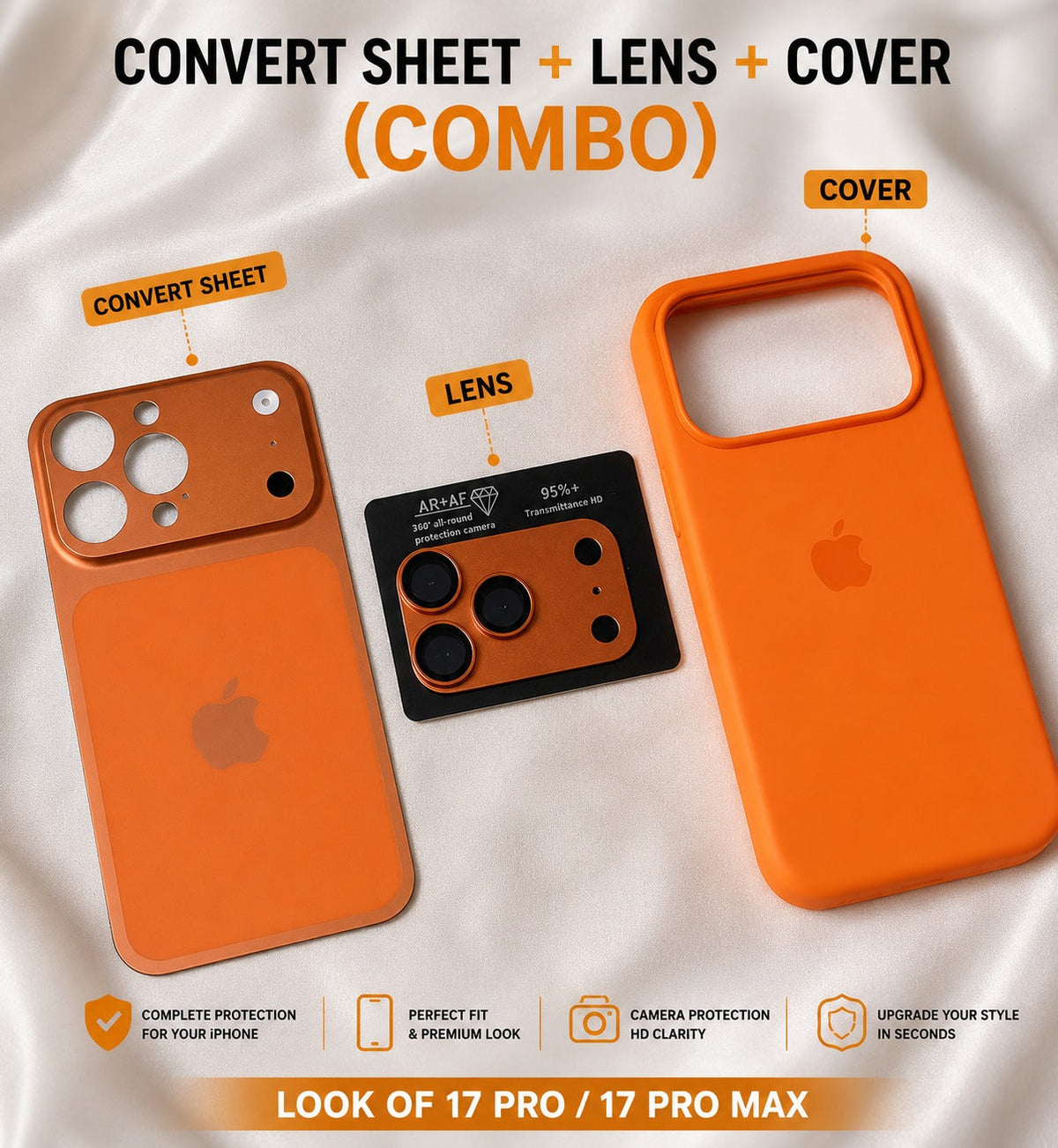 Premium iPhone 17 Pro / 17 Pro Max Style Convert Sheet + Camera Lens Protector + Protective Cover – 3-in-1 Combo