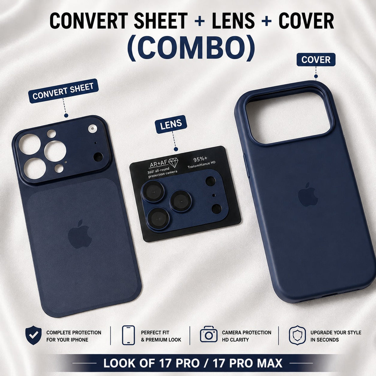 Premium iPhone 17 Pro / 17 Pro Max Style Convert Sheet + Camera Lens Protector + Protective Cover – 3-in-1 Combo