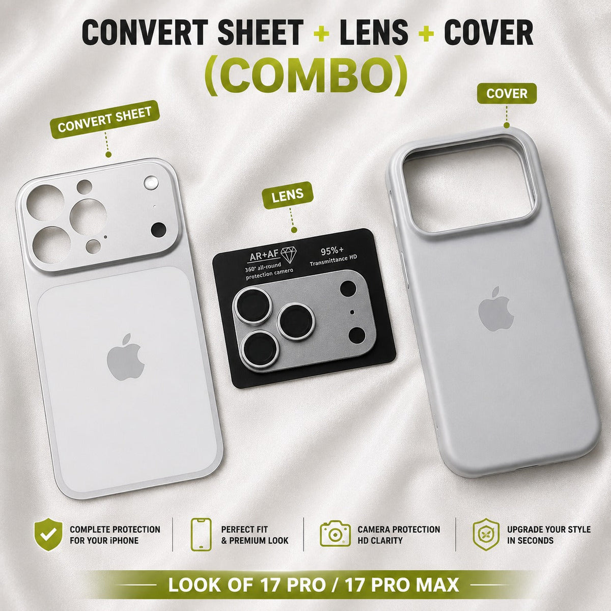 Premium iPhone 17 Pro / 17 Pro Max Style Convert Sheet + Camera Lens Protector + Protective Cover – 3-in-1 Combo
